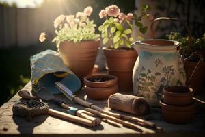 foto giardinaggio - impostato di utensili per giardiniere e vasi di fiori nel soleggiato giardino, fotografia