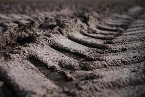 pista traccia di trattore su arato campo foto