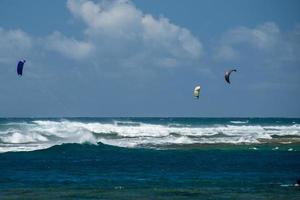 Honolulu, Stati Uniti d'America - agosto, 14 2014 - persone avendo divertimento a Hawaii spiaggia con kitesurf foto