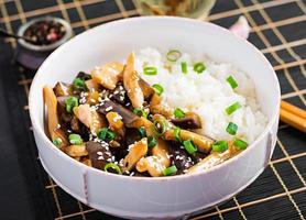 agitare friggere con pollo, melanzana e bollito riso - Cinese cibo foto