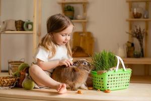 carino poco ragazza nel il di legno cucina di il Casa feed il coniglio fresco erba foto