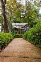 panoramico Visualizza di un' giardino paesaggio con sorprendente impianti e fiori. paesaggi nel il pubblico parco sotto un' nuvoloso cielo foto