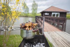 riposo a natura. cucinando barbecue su il sfondo di il fiume e il Casa. foto