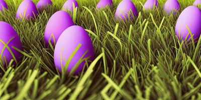 Pasqua sfondo con decorato Pasqua uova su un' verde prato nel il primavera stagione. foto