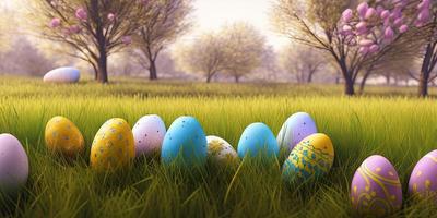 Pasqua sfondo con decorato Pasqua uova su un' verde prato nel il primavera stagione. foto