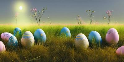 Pasqua sfondo con decorato Pasqua uova su un' verde prato nel il primavera stagione. foto