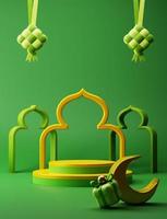 3d illustrazione Prodotto Schermo con moschea e mezzaluna Luna musulmano islamico Festival decorativo elemento su verde sfondo Ramadan eid mubarak promozione vendita pubblicità design foto