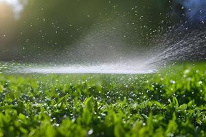 acqua spruzzo spray a il erba o giardino campo poteva essere a partire dal tubo flessibile o giardino spruzzatore. irrigazione il pianta. foto