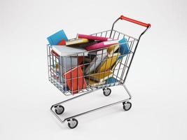 shopping carrello pieno di libri. 3d interpretazione foto