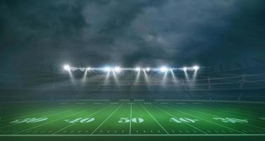 largo Visualizza di un americano calcio stadio nel un' notte gioco. 3d interpretazione foto