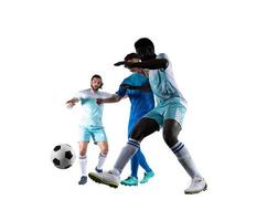 calcio Giocatori giocare contro il opporsi squadra con palla da calcio foto