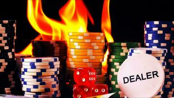 gioco d'azzardo poker carte i soldi patatine fritte e rosso dadi su fuoco foto