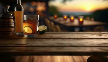 vuoto di legno tavolo con un' Visualizza di sfocato bevande bar fondale foto
