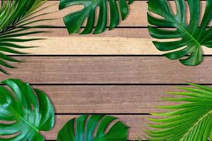 verde le foglie modello per natura concetto, tropicale foglia su Marrone legna sfondo foto