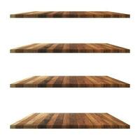 4 legna scaffali tavolo isolato su bianca sfondo e Schermo montaggio per Prodotto. foto