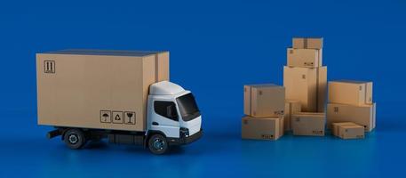 grande cartone scatola pacchetto su un' bianca camion pronto per essere consegnato foto