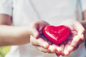 vicino su femmina mani dando rosso cuore su mani foto