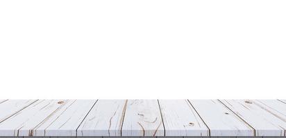 vuoto bianca legna tavolo su isolato bianca sfondo e Schermo montaggio con copia spazio per Prodotto modello. foto