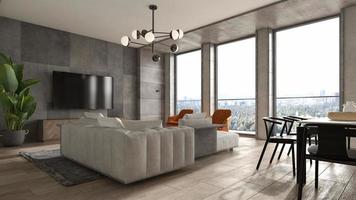 interni minimalisti di un soggiorno moderno nell'illustrazione 3d