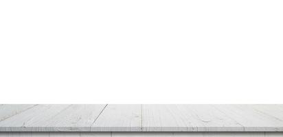 vuoto legna tavolo panorama su isolato bianca sfondo e Schermo montaggio con copia spazio per Prodotto. foto
