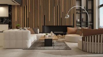 interni minimalisti di un soggiorno moderno in rendering 3d foto