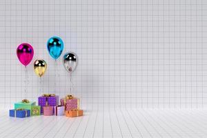 Scatole regalo 3D con palloncini sullo sfondo