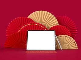 medaglione 3d fan di carta per il capodanno cinese con tablet isolato