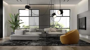 interni minimalisti di un soggiorno moderno nell'illustrazione 3d