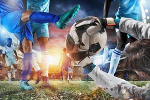 calcio scena con calcio Giocatori e portiere a il stadio foto