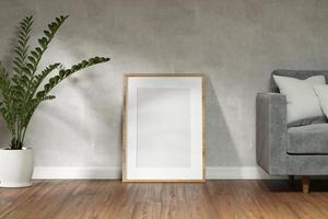 modello telaio su vuoto bianca camera con pianta e legna pavimento. moderno minimo stile. foto