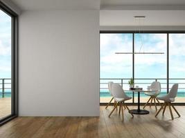 camera dal design moderno interno con vista sul mare in rendering 3d