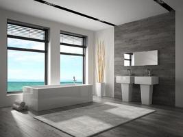 interno di un bagno con vista sul mare in rendering 3d