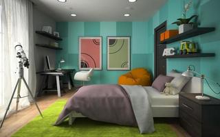 interno di una moderna camera da letto con pareti blu nel rendering 3d