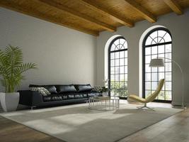 interno di un loft dal design moderno con un divano nero in rendering 3d
