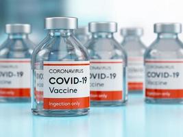flaconcino di bottiglia di vaccino medico per il coronavirus covid-19 in un laboratorio medico di ricerca nell'illustrazione 3d
