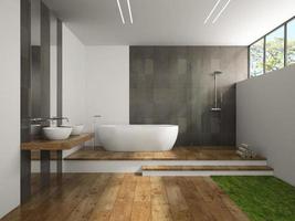 interno di un bagno con pavimenti in legno ed erba in rendering 3d foto