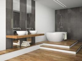 interno di un bagno con pavimenti in legno in rendering 3d