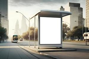 annuncio pubblicitario tabellone su autobus In piedi nel città, tabellone vicino autobus In piedi nel pomeriggio foto