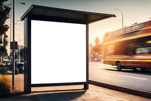 ciglio della strada tabellone modello con occupato strada traffico, vuoto verticale tabellone modello nel città, autobus fermare tabellone modello foto