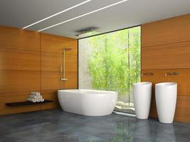 interno di un bagno con pareti in legno in rendering 3d foto