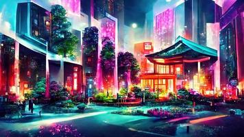 fantasia notte città giapponese paesaggio neon luce. astratto illustrazione arte foto