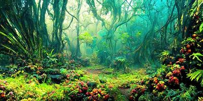 fantasia nebbioso giungla sotto neon leggero illustrazione foto