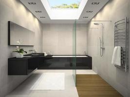 interno di un bagno con una finestra a soffitto in rendering 3d