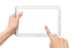 persona che punta al mock-up dello schermo del tablet foto