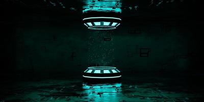 3d interpretazione futuristico blu neon su buio sfondo. podio nel vuoto camera per hitech presentazione. astratto sfondo, tecnologia grafico. foto