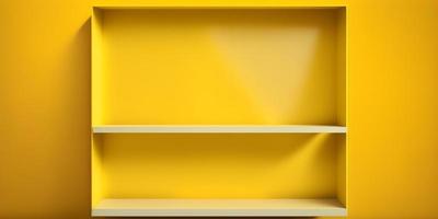 davanti Visualizza di vuoto mensola su vivido giallo parete sfondo con moderno minimo concetto foto