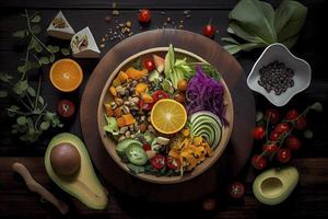 mucchio di frutta e verdure nel molti appetitoso colori, tiro a partire dal sopra, invitante per condurre un' salutare a base vegetale stile di vita foto