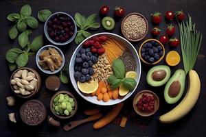 mucchio di frutta e verdure nel molti appetitoso colori, tiro a partire dal sopra, invitante per condurre un' salutare a base vegetale stile di vita foto