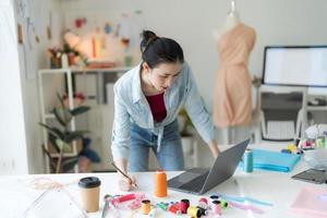 femmina imprenditori siamo fabbricazione nuovo capi di abbigliamento collezioni. foto