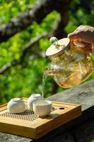 maschio mano è Tenere teiera e scrosciante tè in tazza di tè con albero sfondo foto